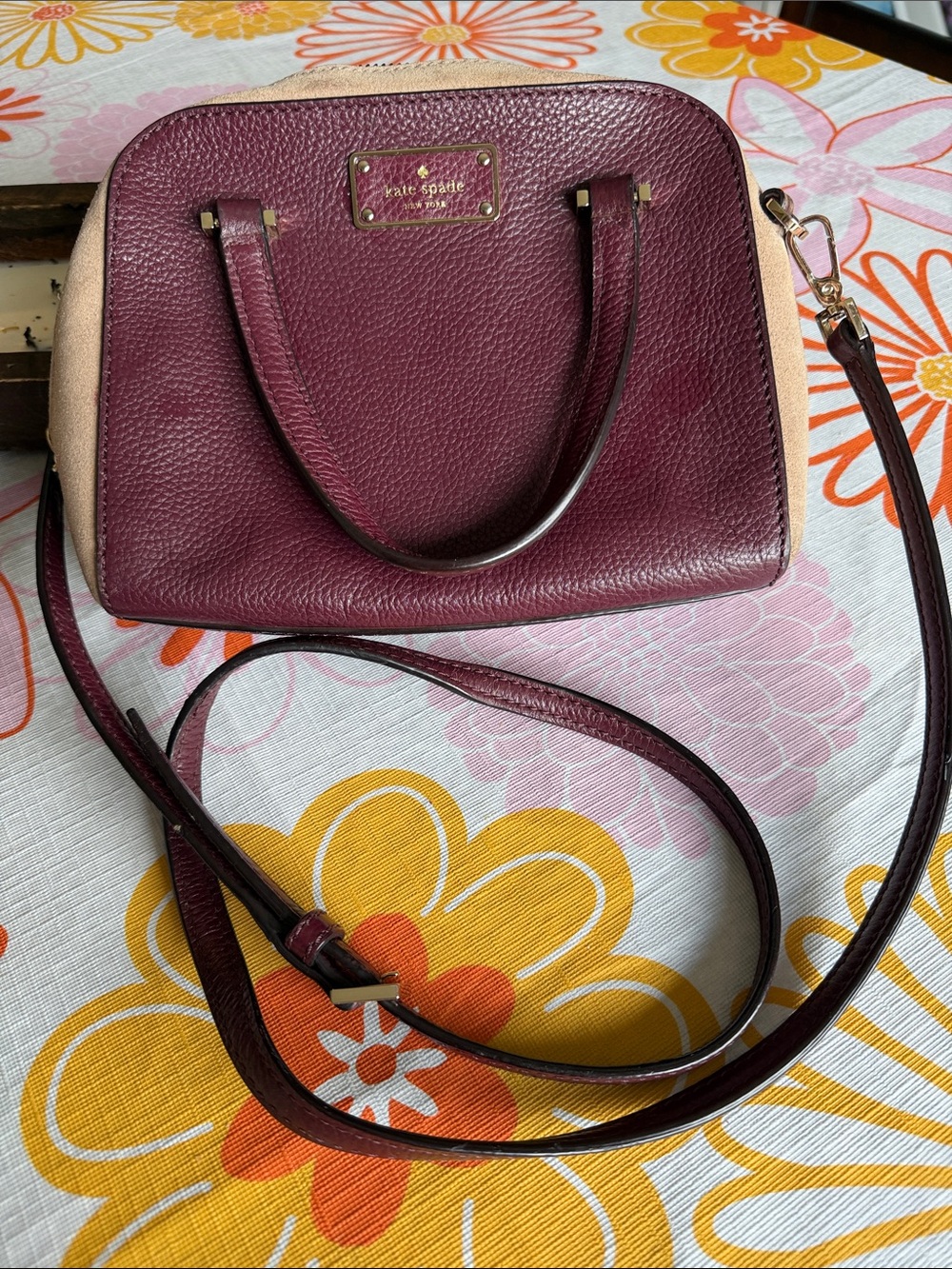 kate spade Burgundy and Cream Pebbled Leather Dome Satchel with Crossbody Strap